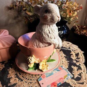Spring Gathering Bunny Teacup Figurine Pastel Pink Easter Decor NWT